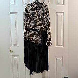 A.L.C. Black Pleated Midi Skirt with Zebra-Print Panel
